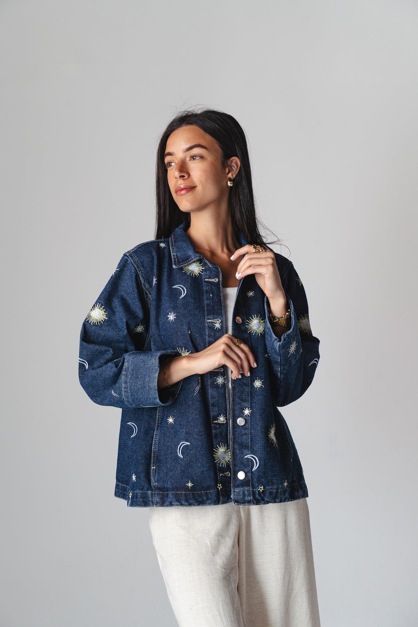 Starry embroidery navy denim jacket