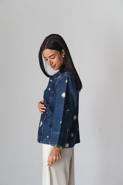 Starry embroidery navy denim jacket