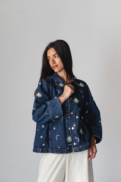 Starry embroidery navy denim jacket
