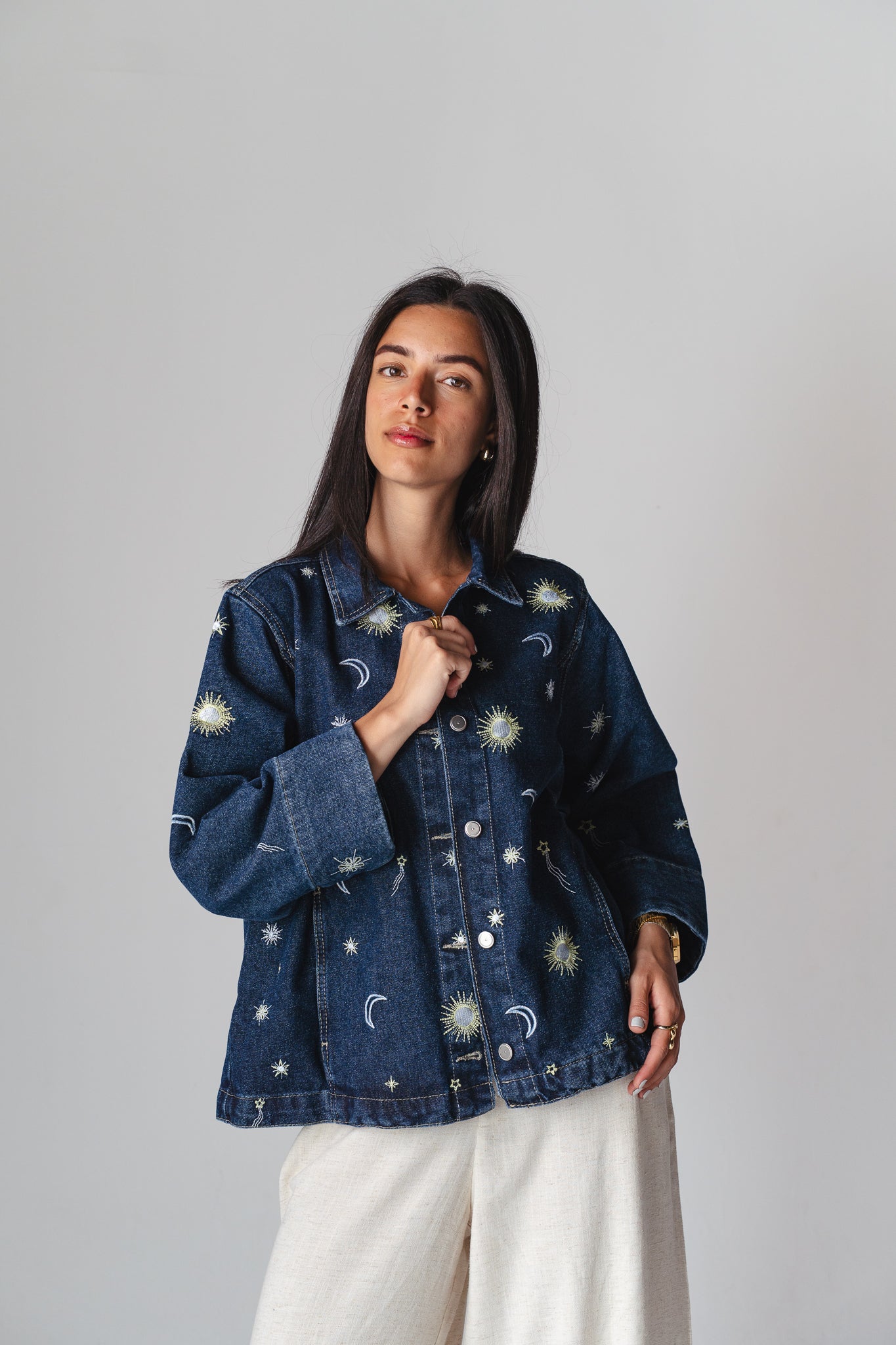 Starry embroidery navy denim jacket