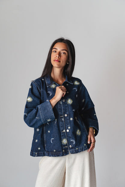 Starry embroidery navy denim jacket