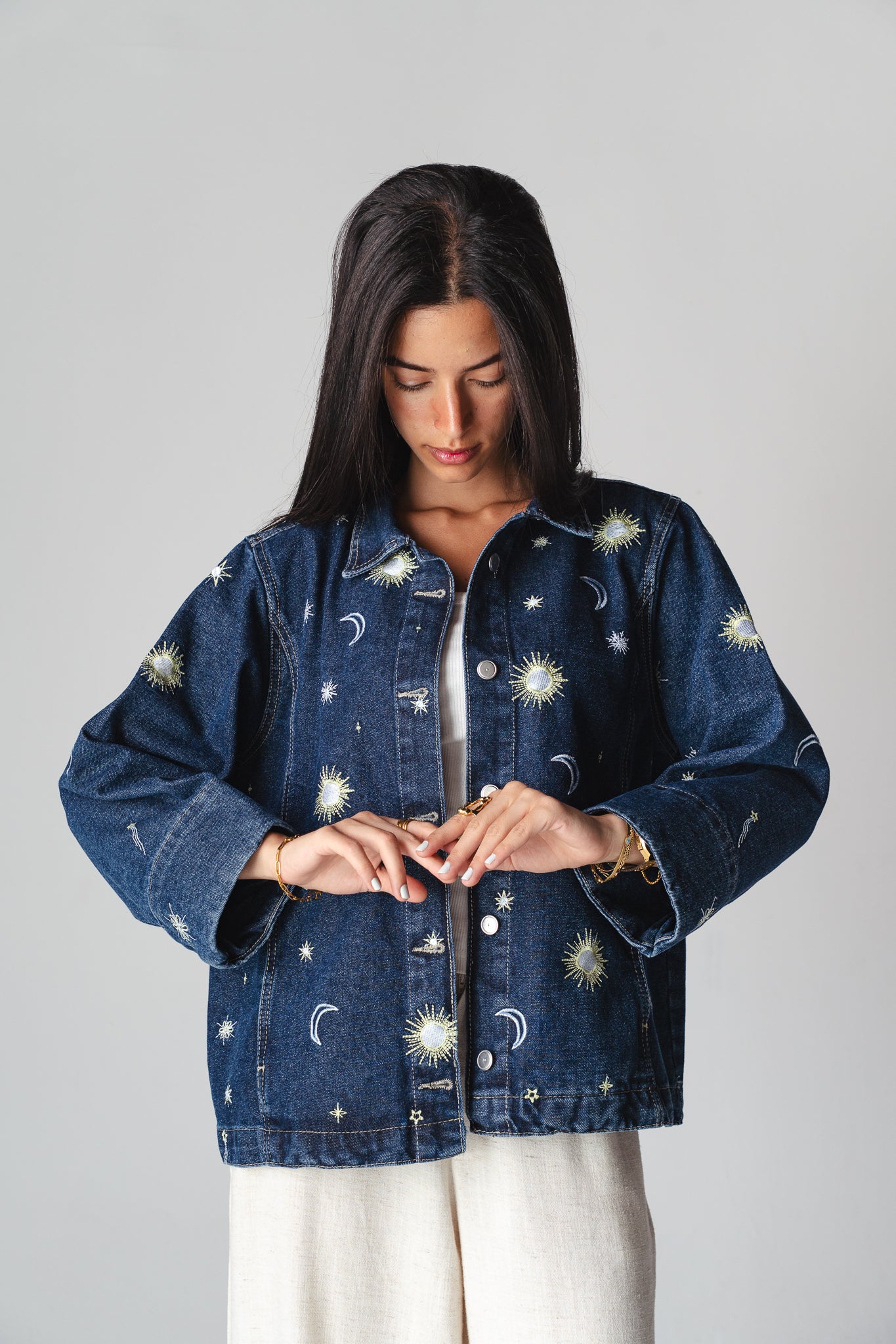 Starry embroidery navy denim jacket