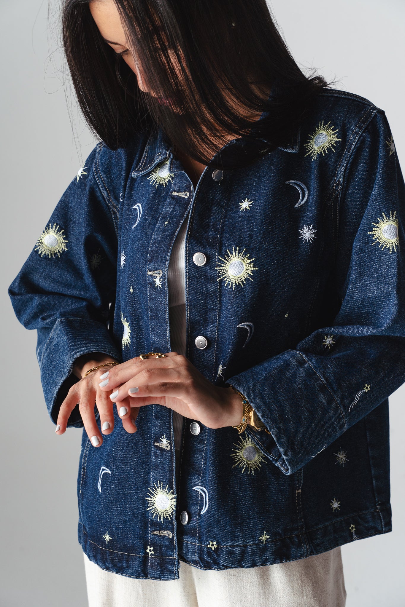Starry embroidery navy denim jacket
