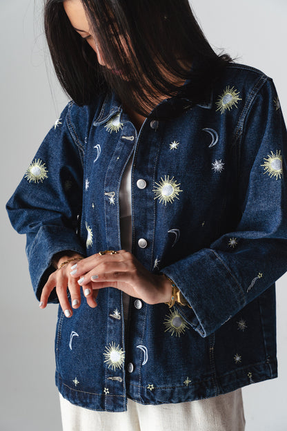 Starry embroidery navy denim jacket