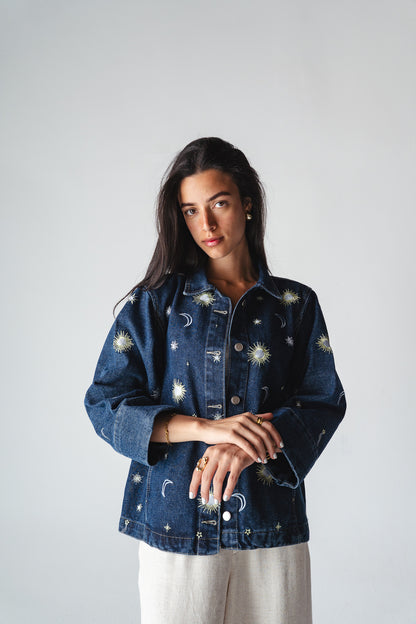 Starry embroidery navy denim jacket