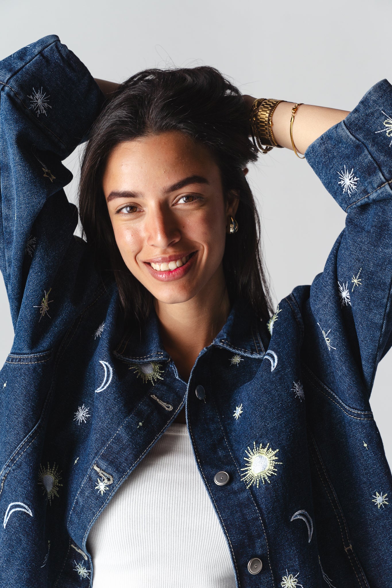 Starry embroidery navy denim jacket