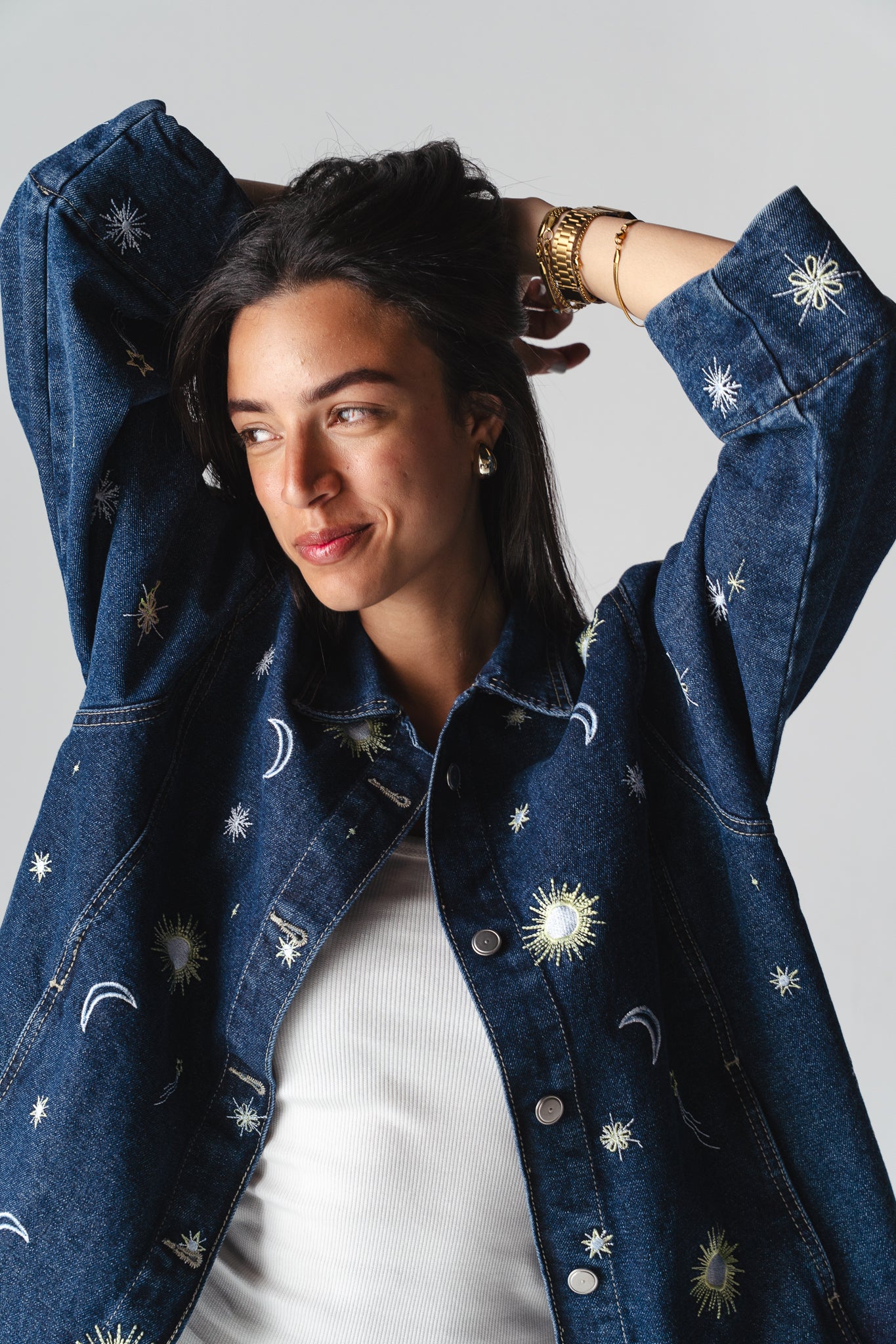 Starry embroidery navy denim jacket