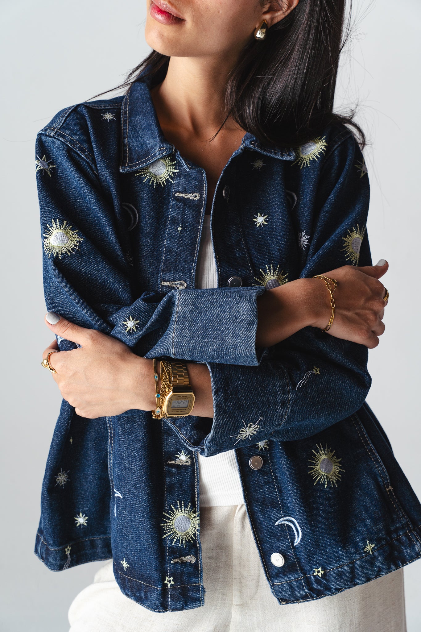 Starry embroidery navy denim jacket