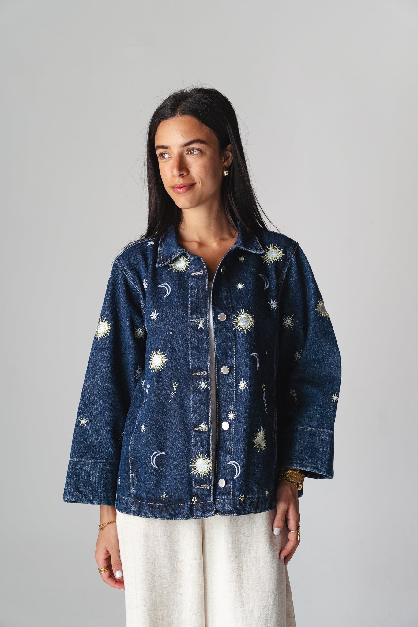 Starry embroidery navy denim jacket