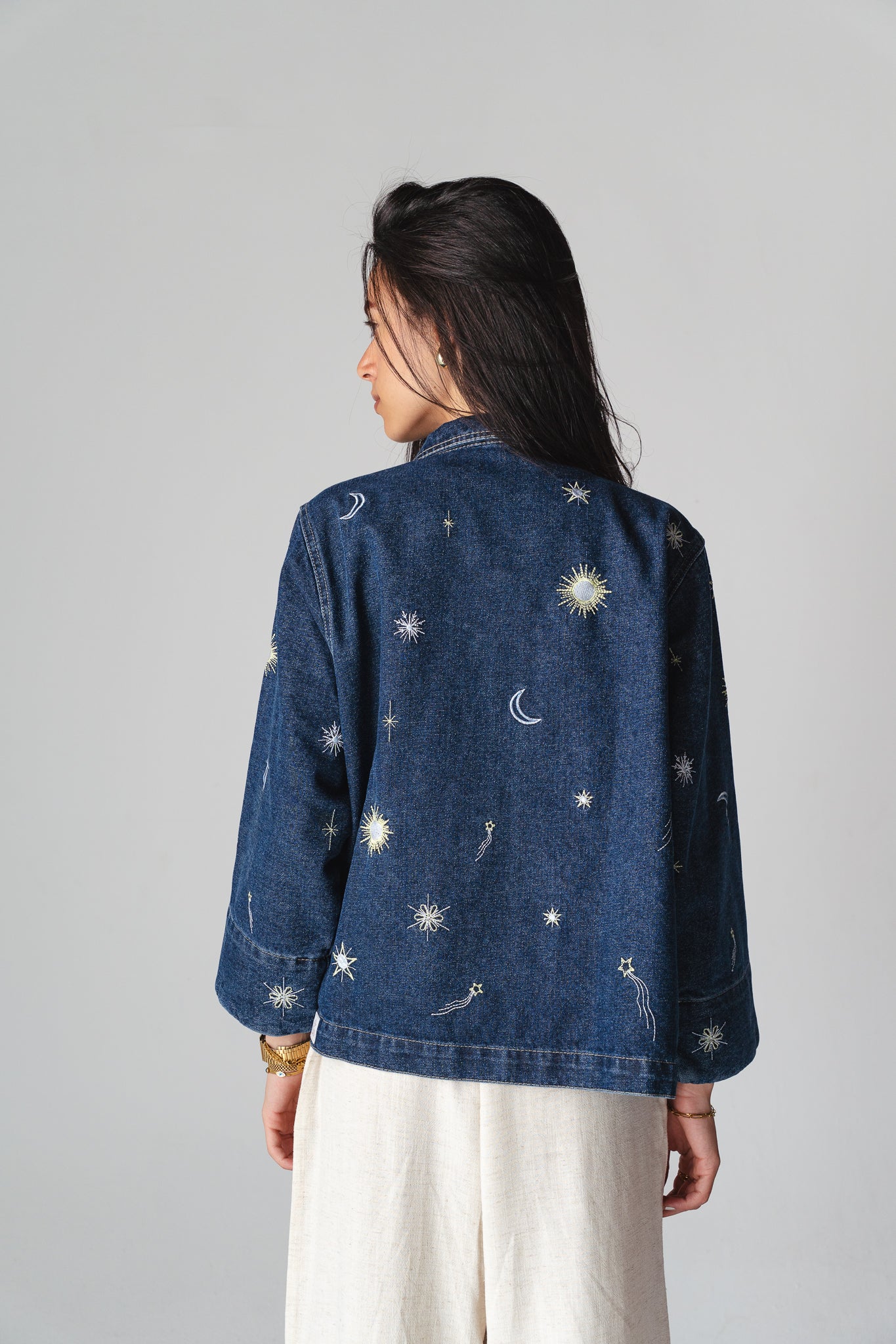 Starry embroidery navy denim jacket