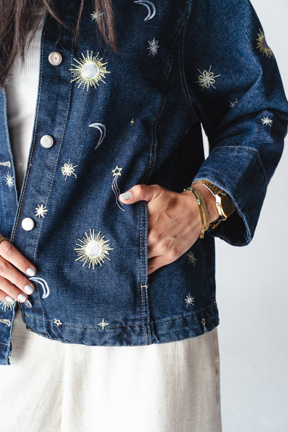 Starry embroidery navy denim jacket