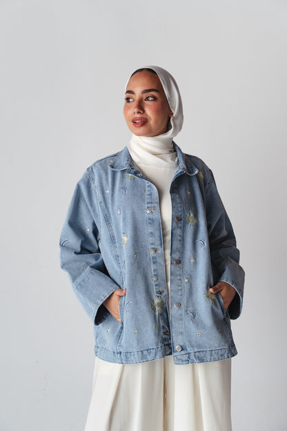Starry embroidery Light blue denim jacket
