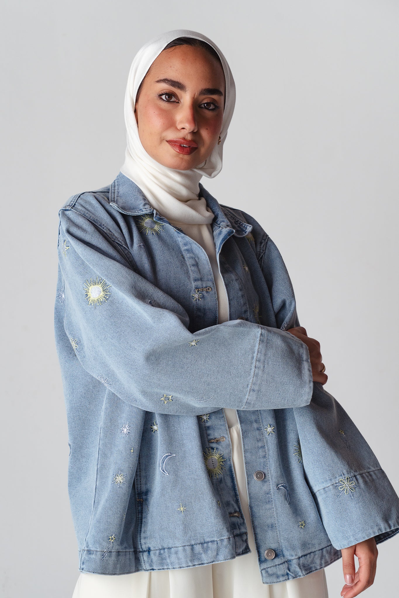 Starry embroidery Light blue denim jacket