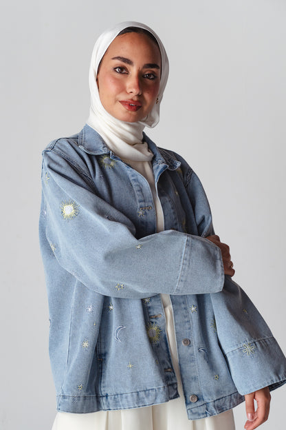 Starry embroidery Light blue denim jacket