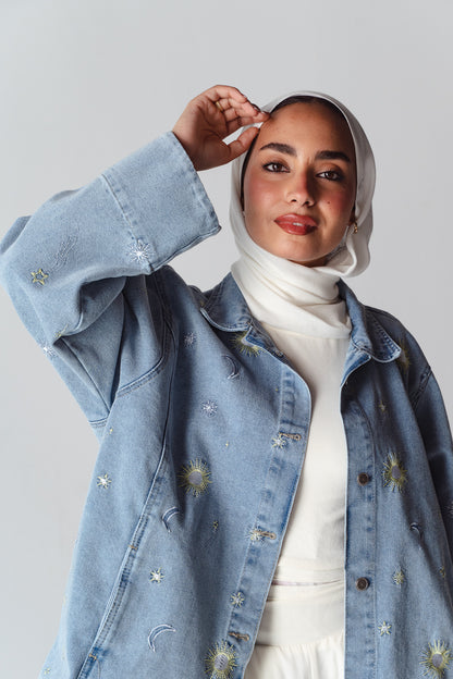 Starry embroidery Light blue denim jacket