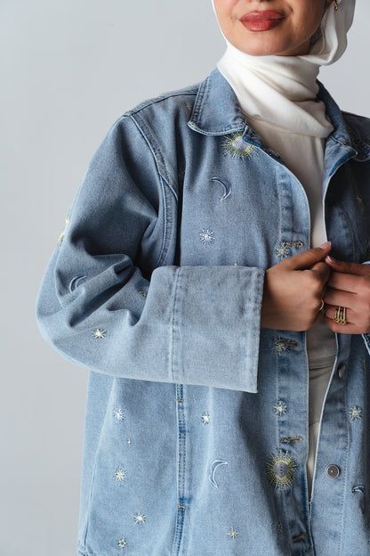 Starry embroidery Light blue denim jacket