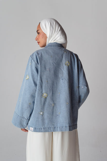 Starry embroidery Light blue denim jacket