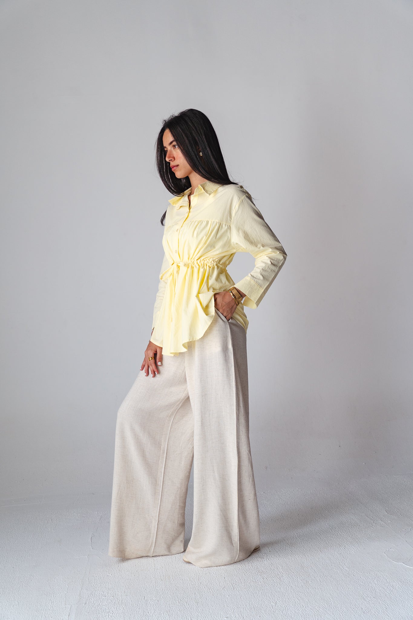 Tie-waist Butter yellow shirt
