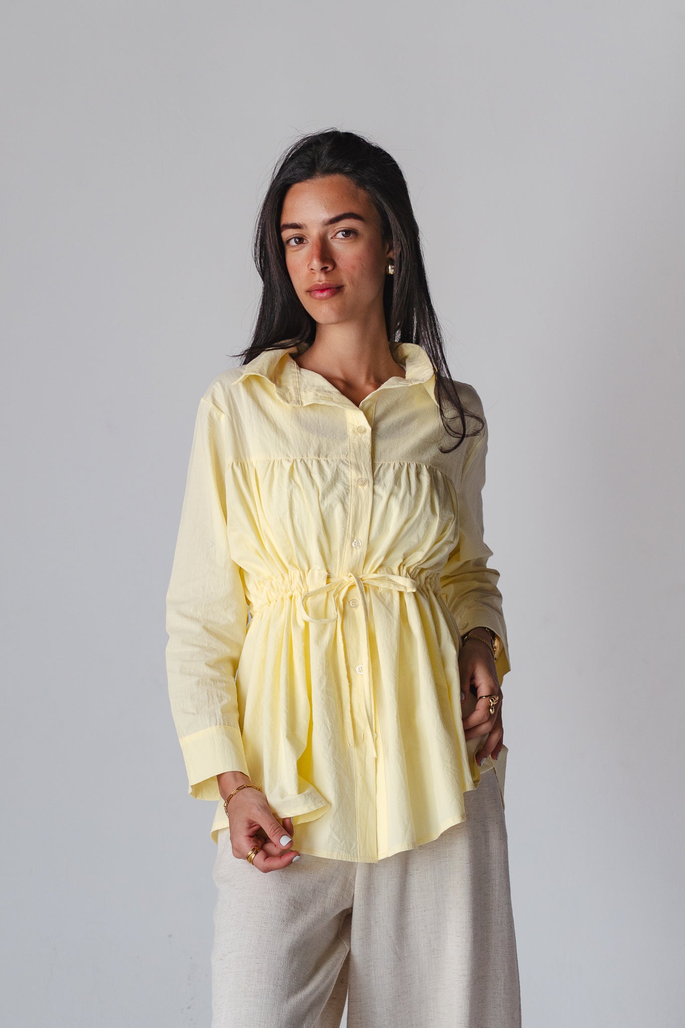 Tie-waist Butter yellow shirt