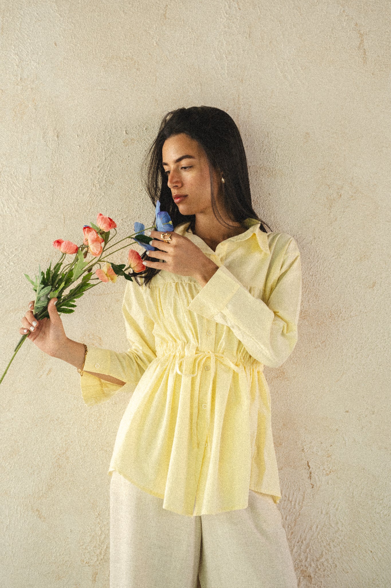 Tie-waist Butter yellow shirt