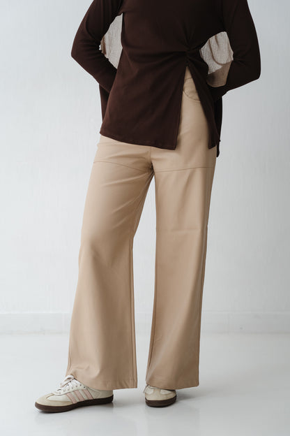 Wide Beige Leather Pants