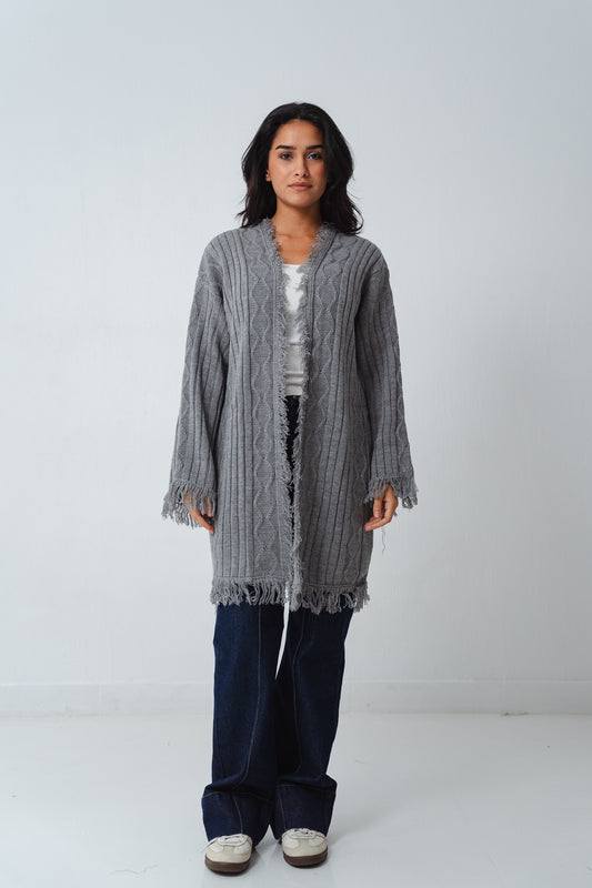 Fringy Knit Gray Cardigan