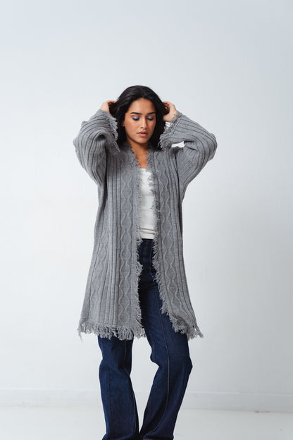 Fringy Knit Gray Cardigan