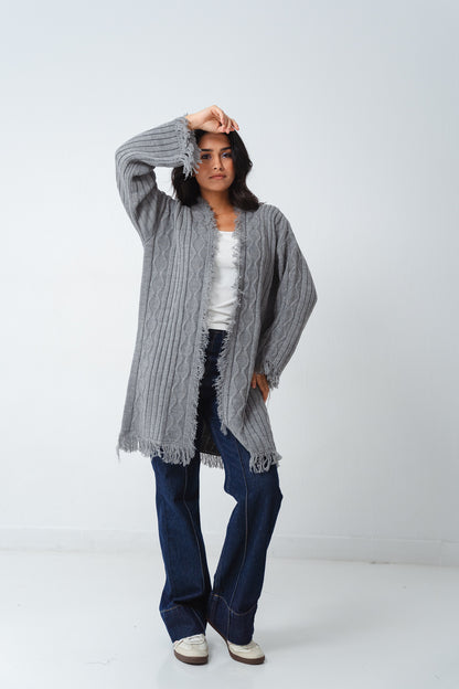 Fringy Knit Gray Cardigan