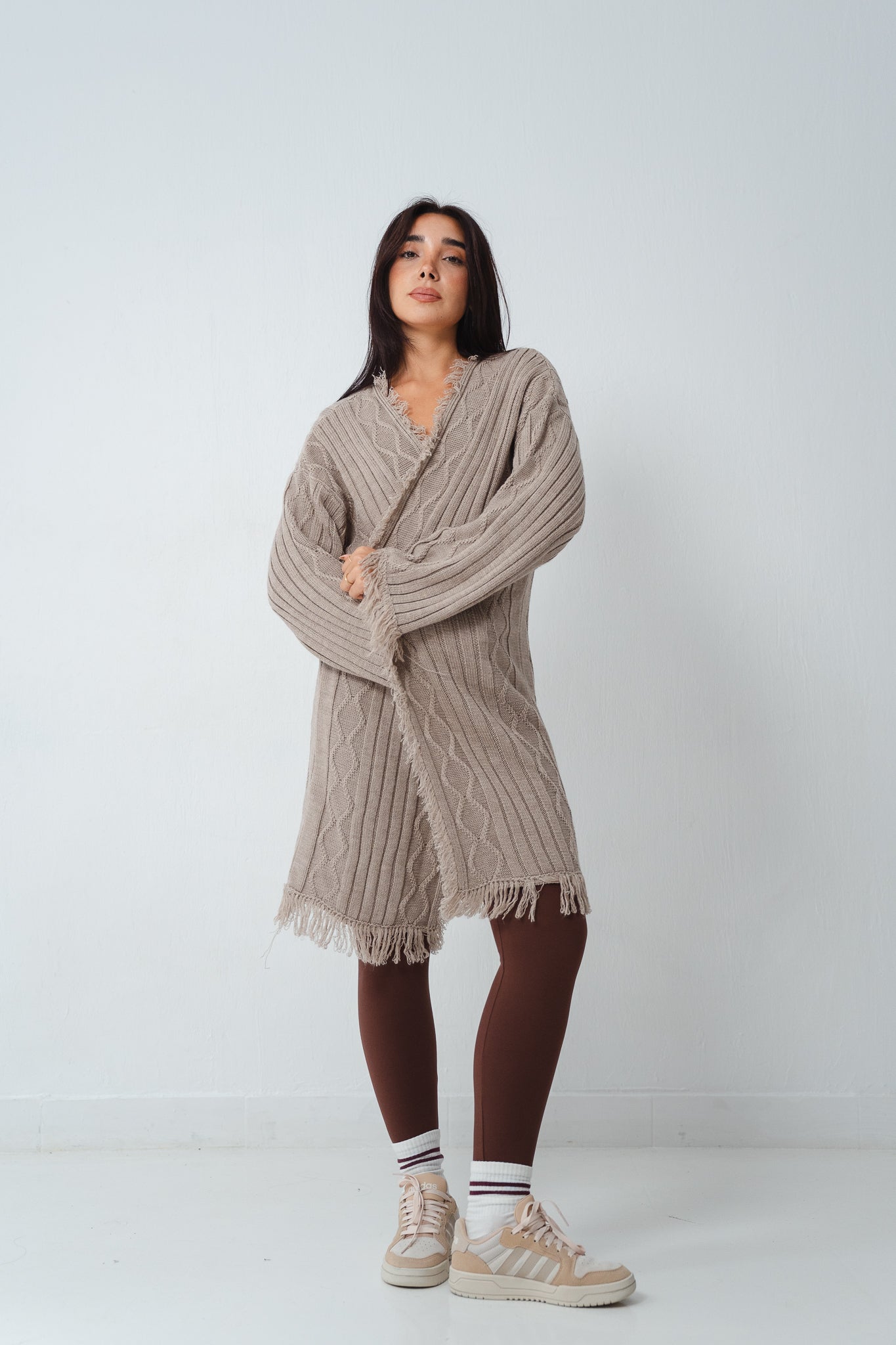 Fringy Knit Beige Cardigan