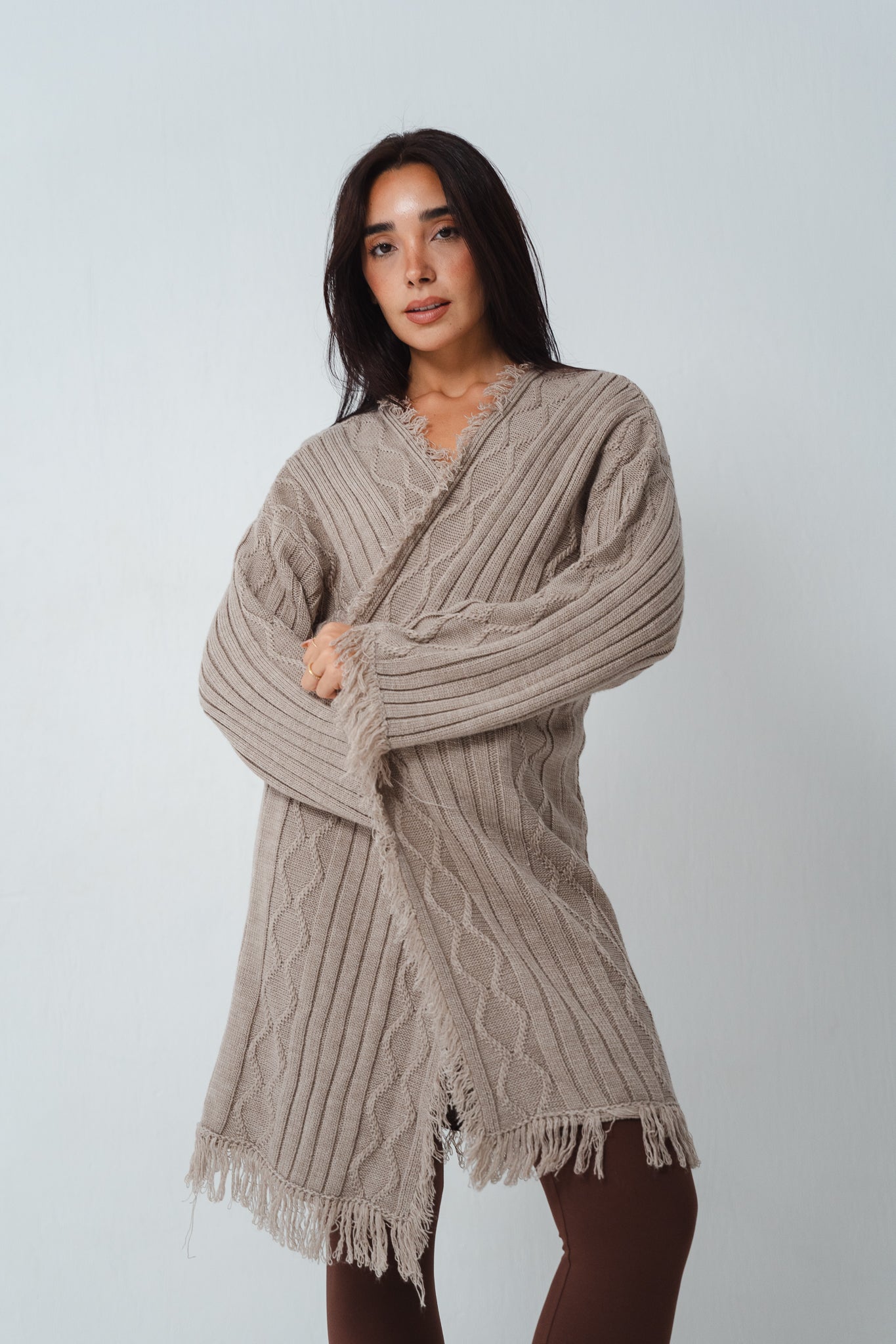 Fringy Knit Beige Cardigan