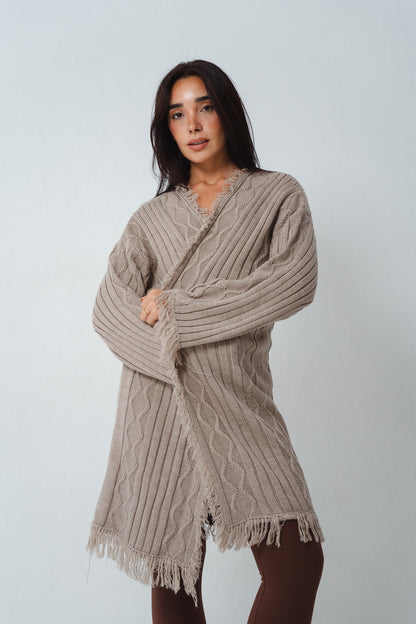 Fringy Knit Beige Cardigan