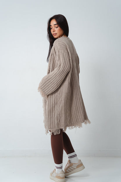 Fringy Knit Beige Cardigan