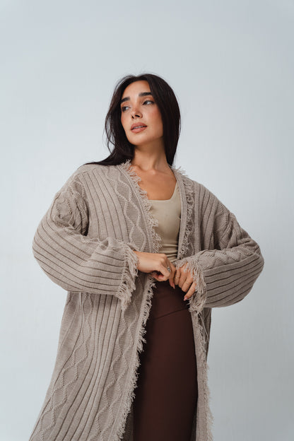 Fringy Knit Beige Cardigan