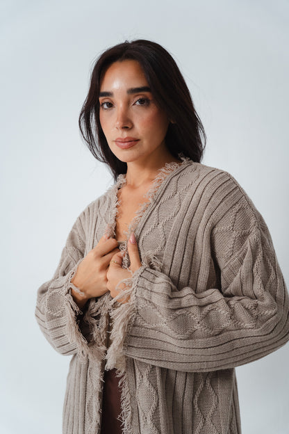 Fringy Knit Beige Cardigan