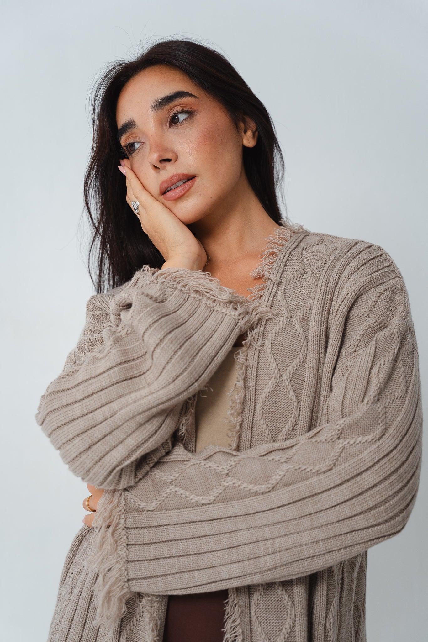 Fringy Knit Beige Cardigan