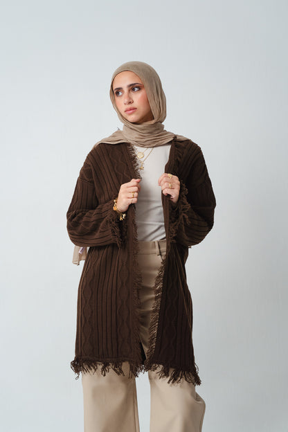 Fringy Knit Brown Cardigan