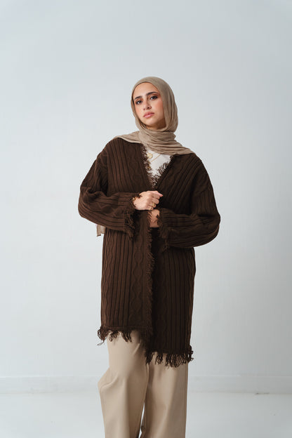 Fringy Knit Brown Cardigan