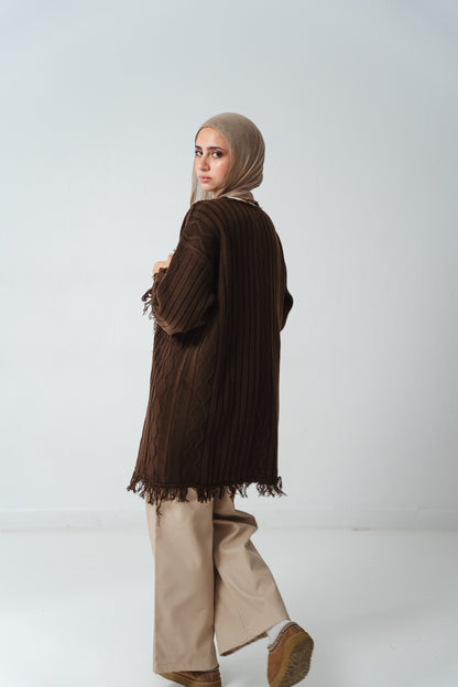 Fringy Knit Brown Cardigan