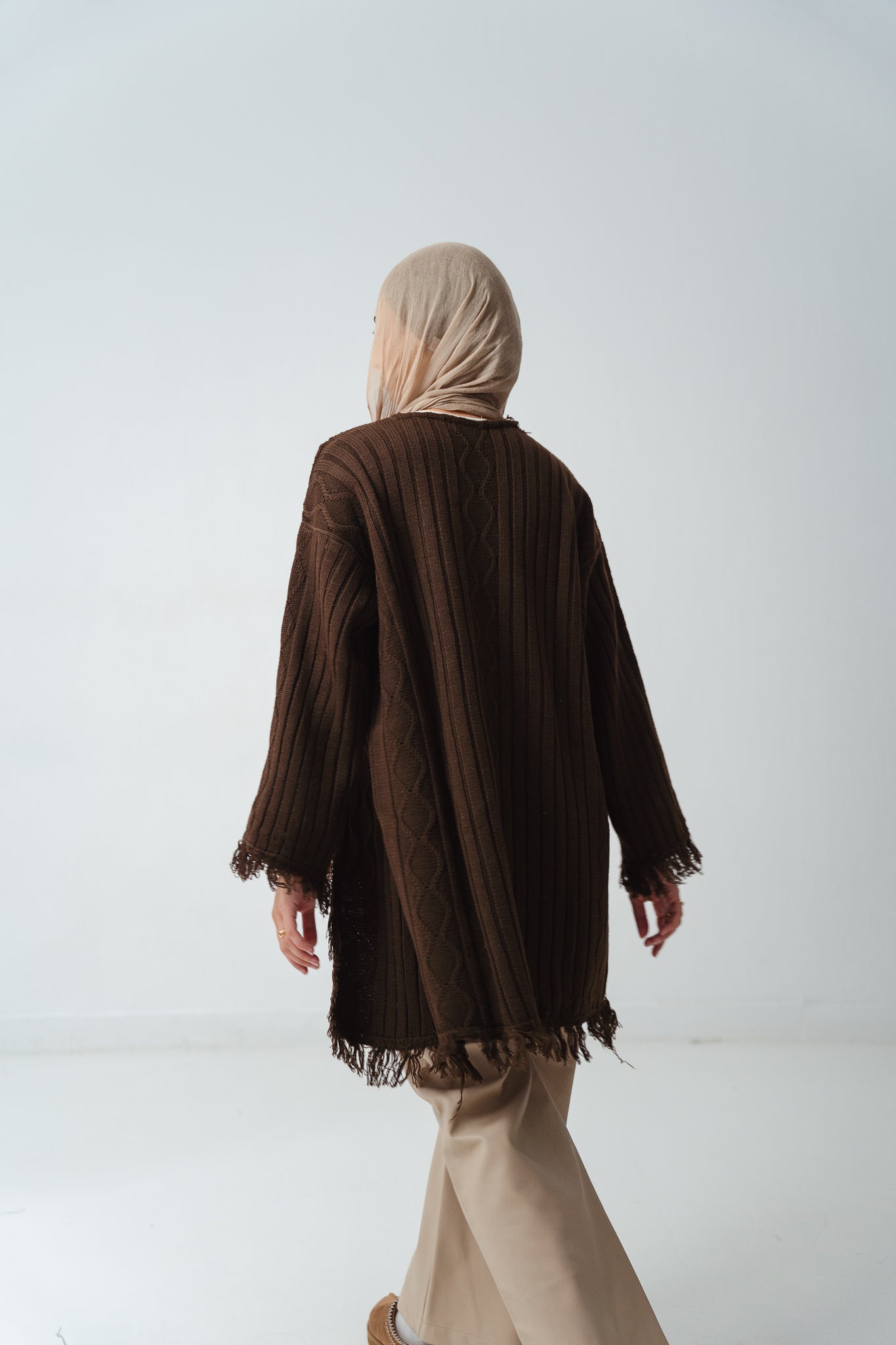 Fringy Knit Brown Cardigan