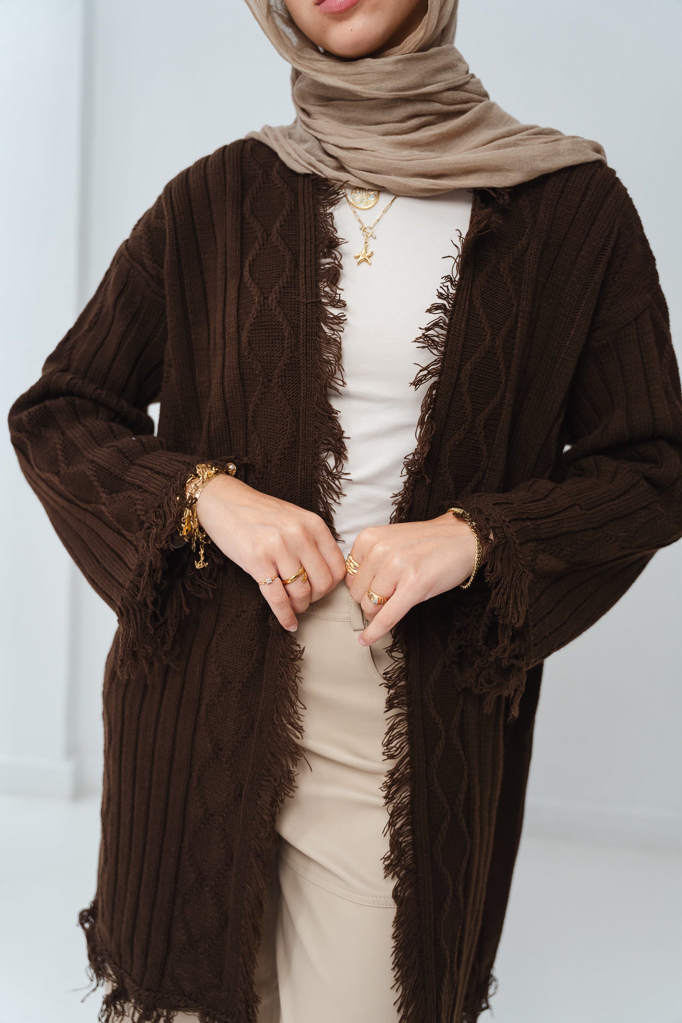 Fringy Knit Brown Cardigan