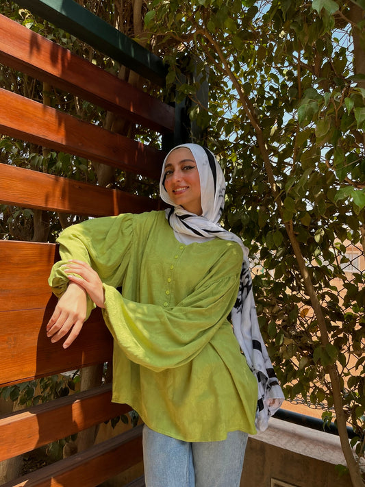 Puffy Sleeves Linen Top - Green