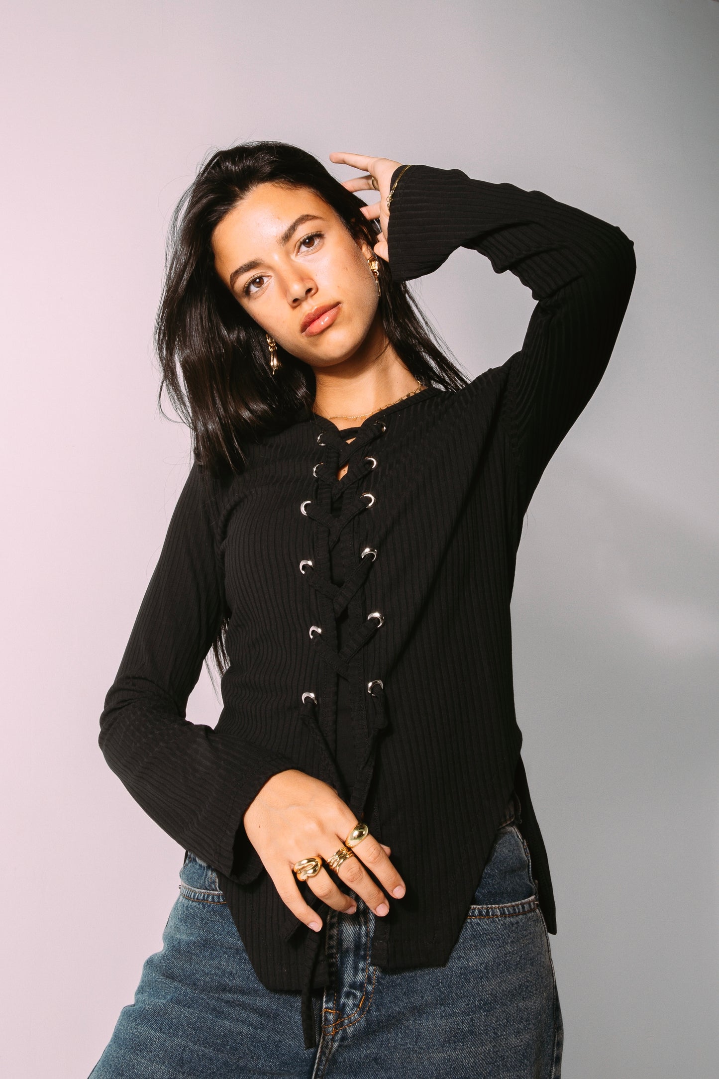 Criss Cross Ribbed Top in black