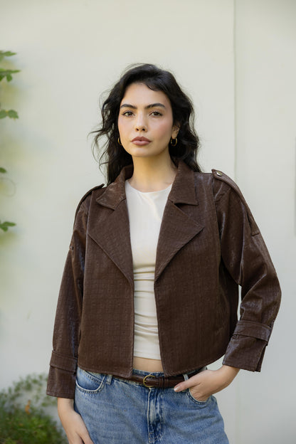 Rhea Croc Cropped Brown Jacket