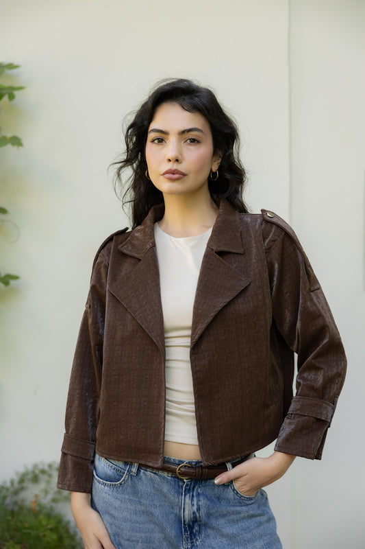 Rhea Croc Cropped Brown Jacket