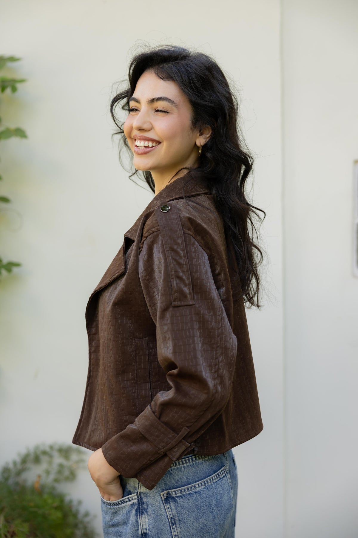 Rhea Croc Cropped Brown Jacket
