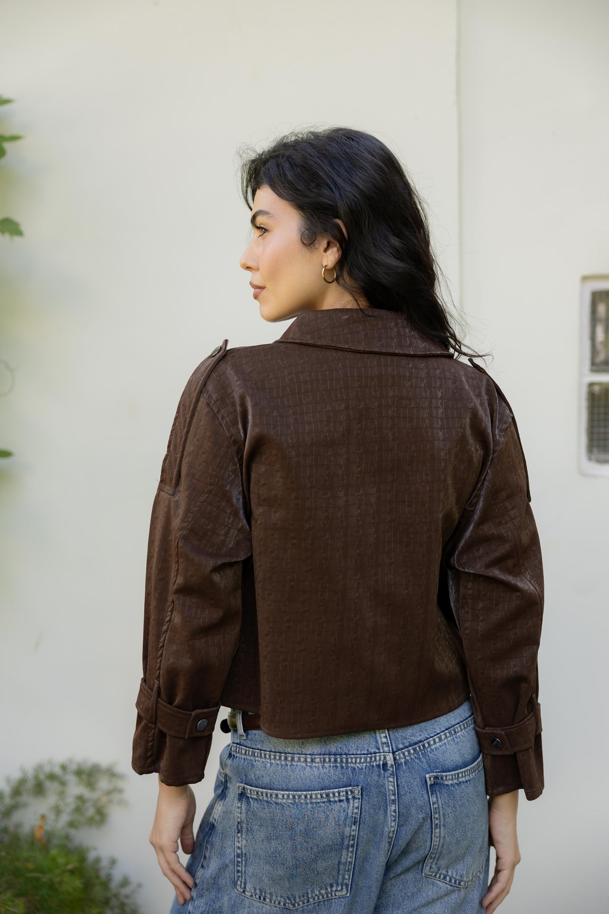 Rhea Croc Cropped Brown Jacket