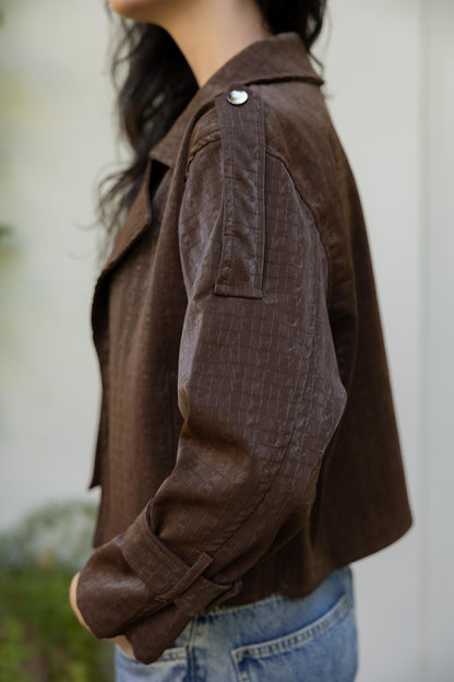 Rhea Croc Cropped Brown Jacket