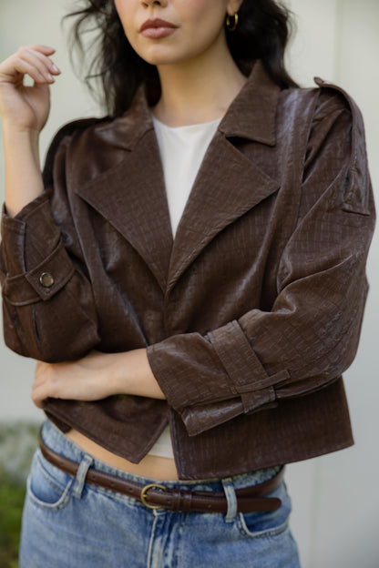 Rhea Croc Cropped Brown Jacket