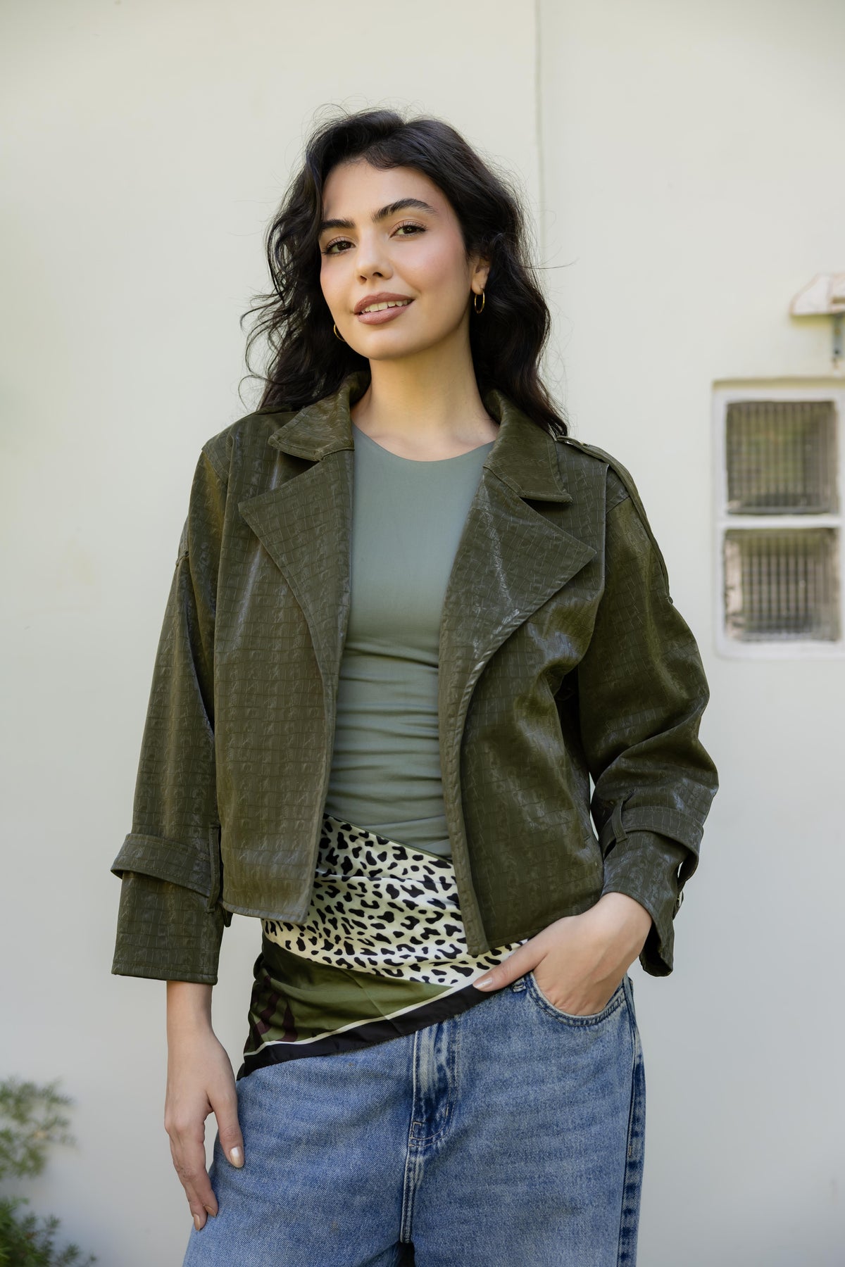 Rhea Croc Cropped Olive Jacket