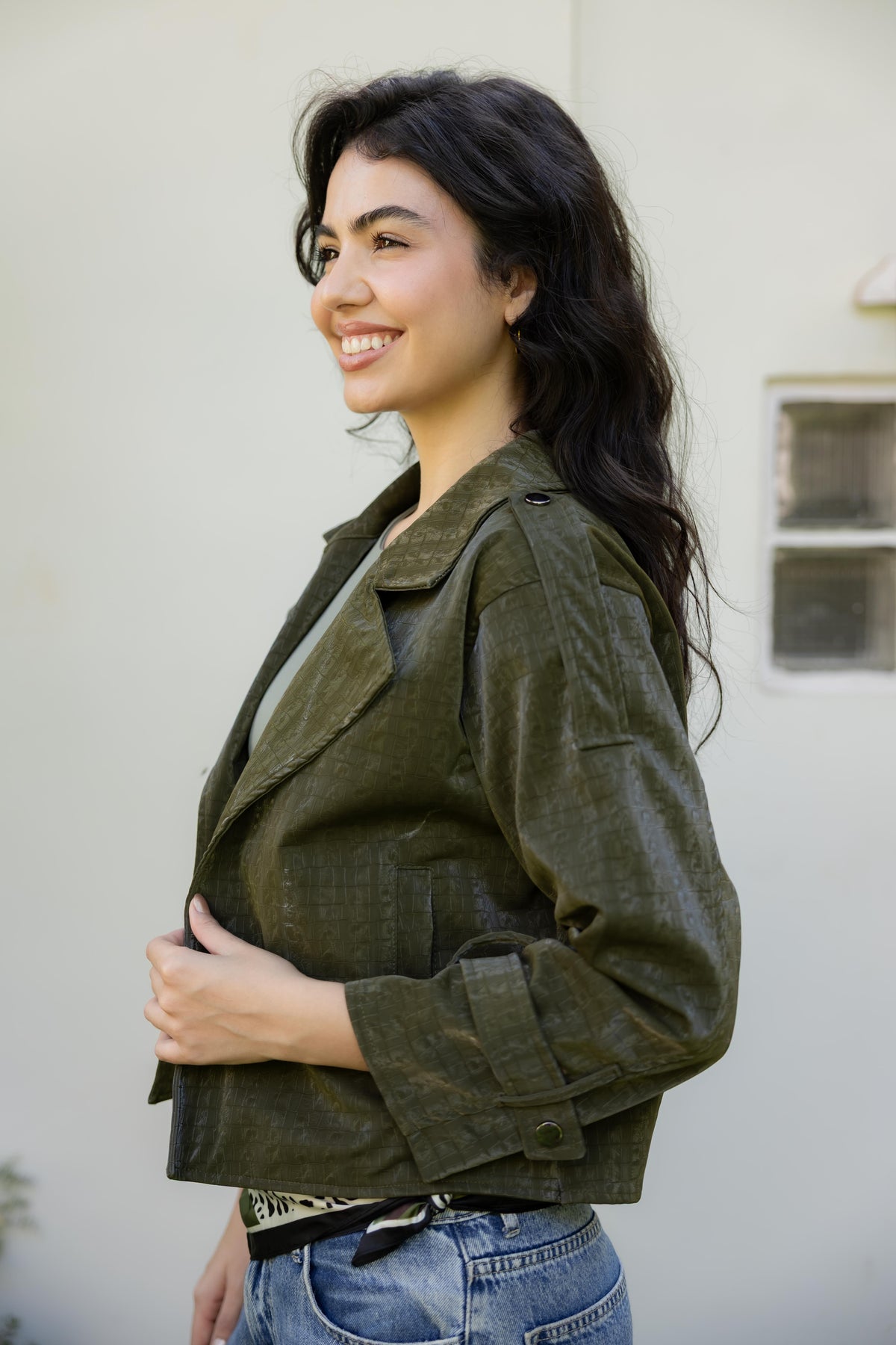 Rhea Croc Cropped Olive Jacket